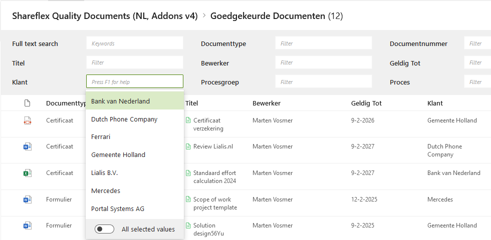 Documentcontrole Software SharePoint Gebruikershandleiding filters