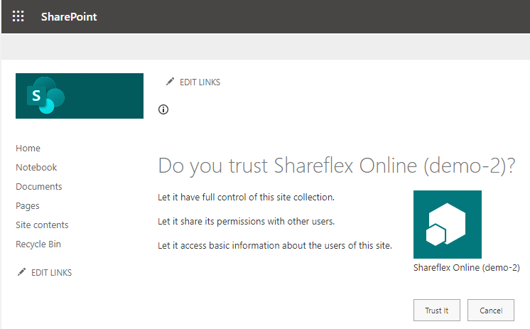 Installing Shareflex on your SharePoint tenant trust shareflex online app