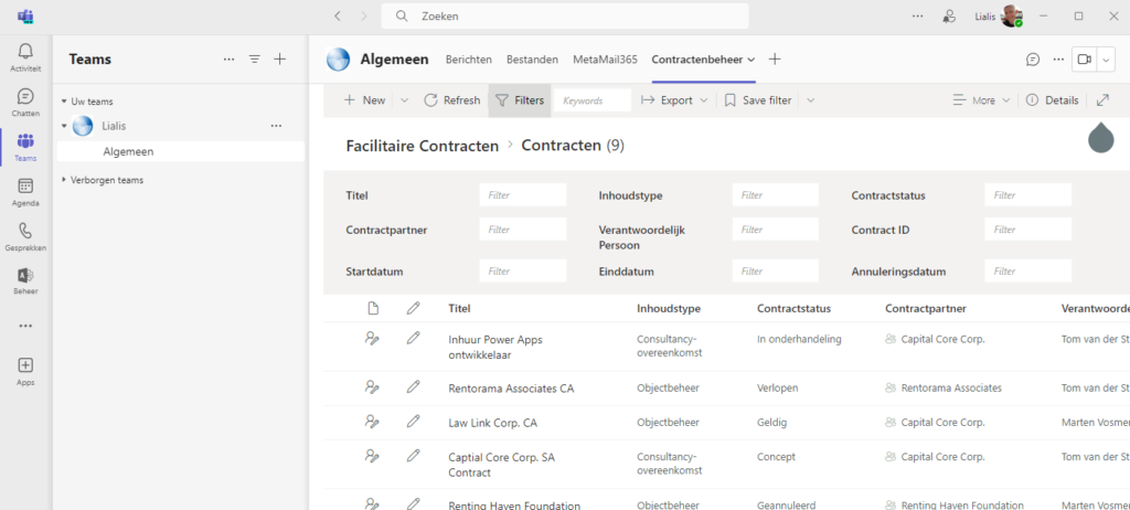 Microsoft Teams Sharepoint integratie lijst met contracten