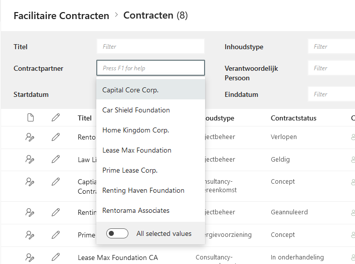 Contractbeheer Software SharePoint filter op zakenpartners