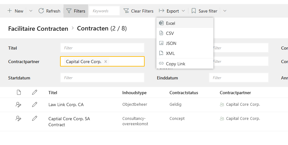 Contractbeheer Software SharePoint export filter resultaten