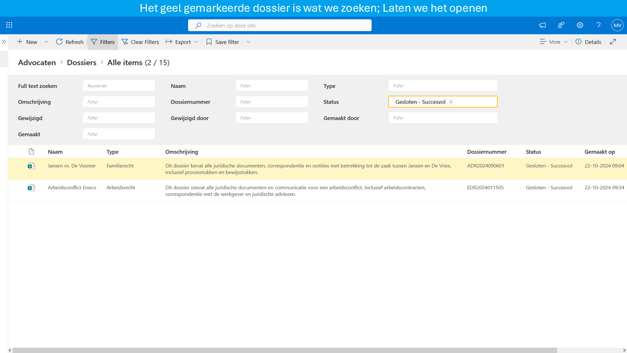 Advocatuursoftware​ SharePoint DMS filters