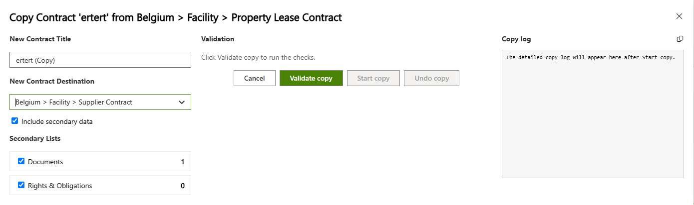 Het Copy Contract-venster: nieuwe titel, bestemming (land > divisie > contracttype) en de secundaire lijsten met het aantal items.