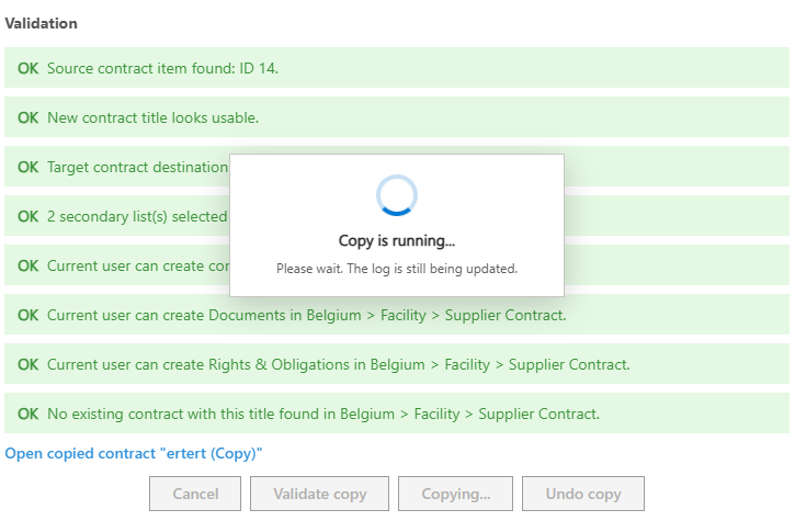 Kopie bezig: rechts het live logboek, plus een directe link naar het gekopieerde contract.