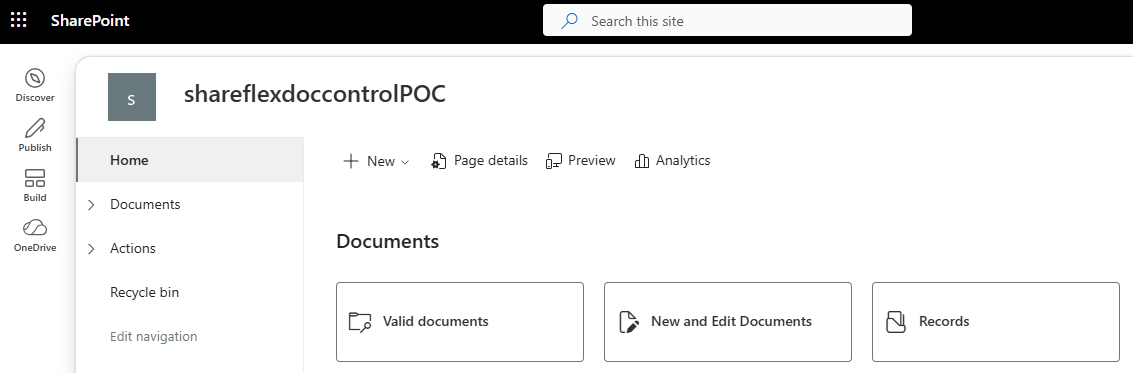 De Document Control-site in SharePoint: geldige documenten, nieuwe en te bewerken documenten, en records.