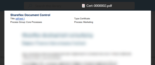 Een gestempelde pdf in de ISOPlanner-bibliotheek: de koptekst Shareflex Document Control met klikbare titel en de documentmetadata (vroege testrun; documentinhoud vervaagd).