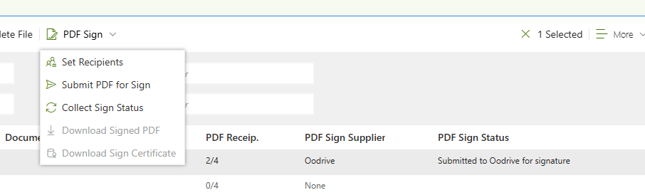 PDF Sign Supplier en PDF Sign Status als kolommen in de documentenlijst.