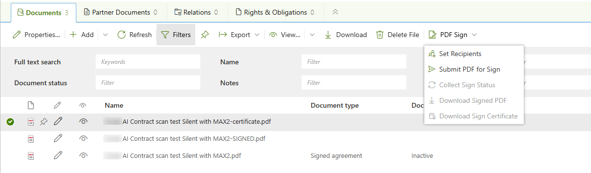 Het PDF Sign-menu op het tabblad Documents van een contract: opties gaan aan en uit op basis van de geselecteerde documenten.