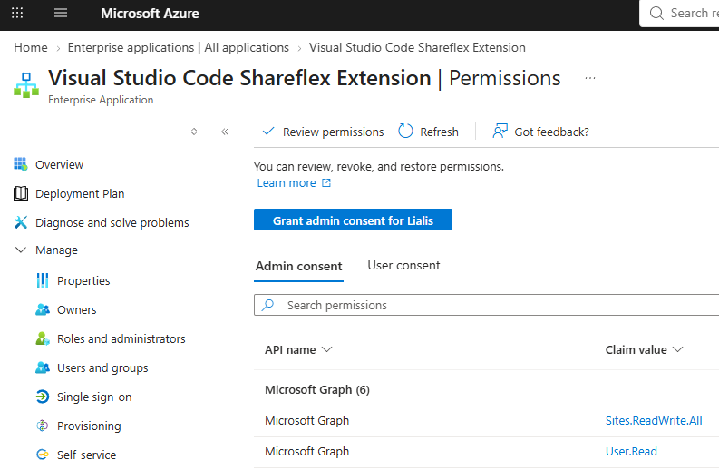 De enterprise-applicatie Shareflex Code in Microsoft Entra ID, met alleen gedelegeerde rechten.