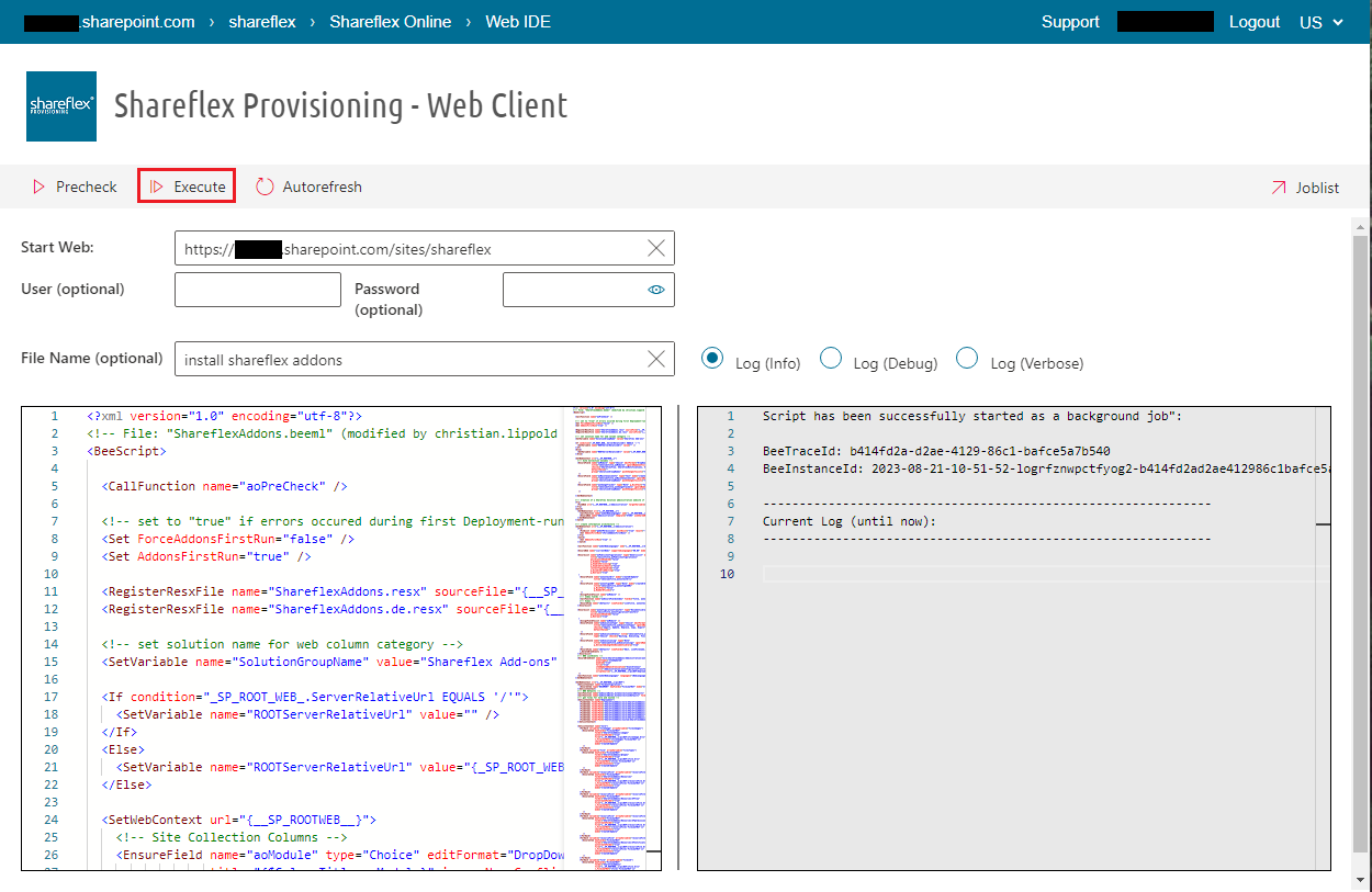 installing shareflex sharepoint online provisioning client execute