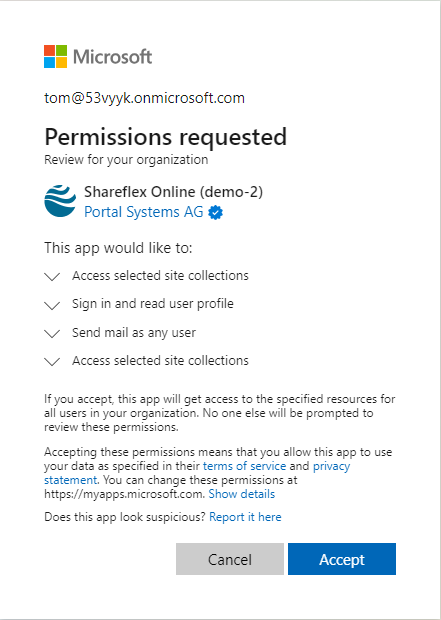 Shareflex installeren op uw SharePoint-tenant - shareflex permissions required prompt