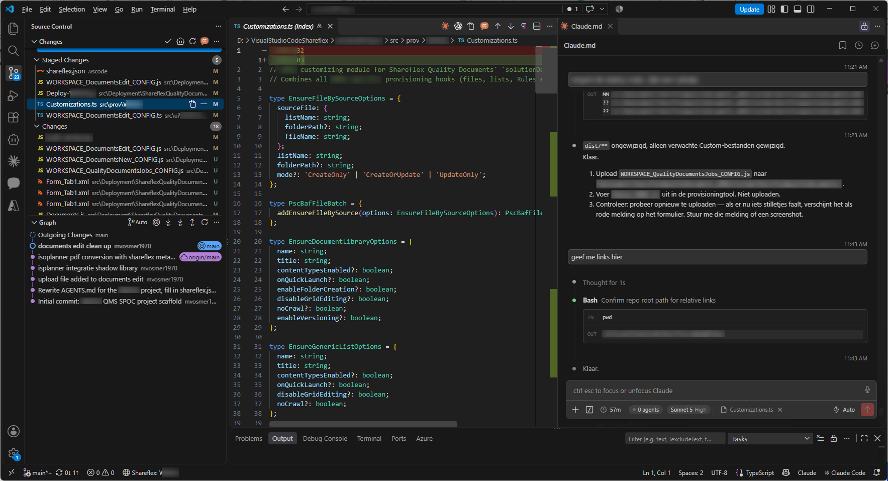 Visual Studio Code met het Shareflex-project: links source control, in het midden TypeScript, rechts Claude.