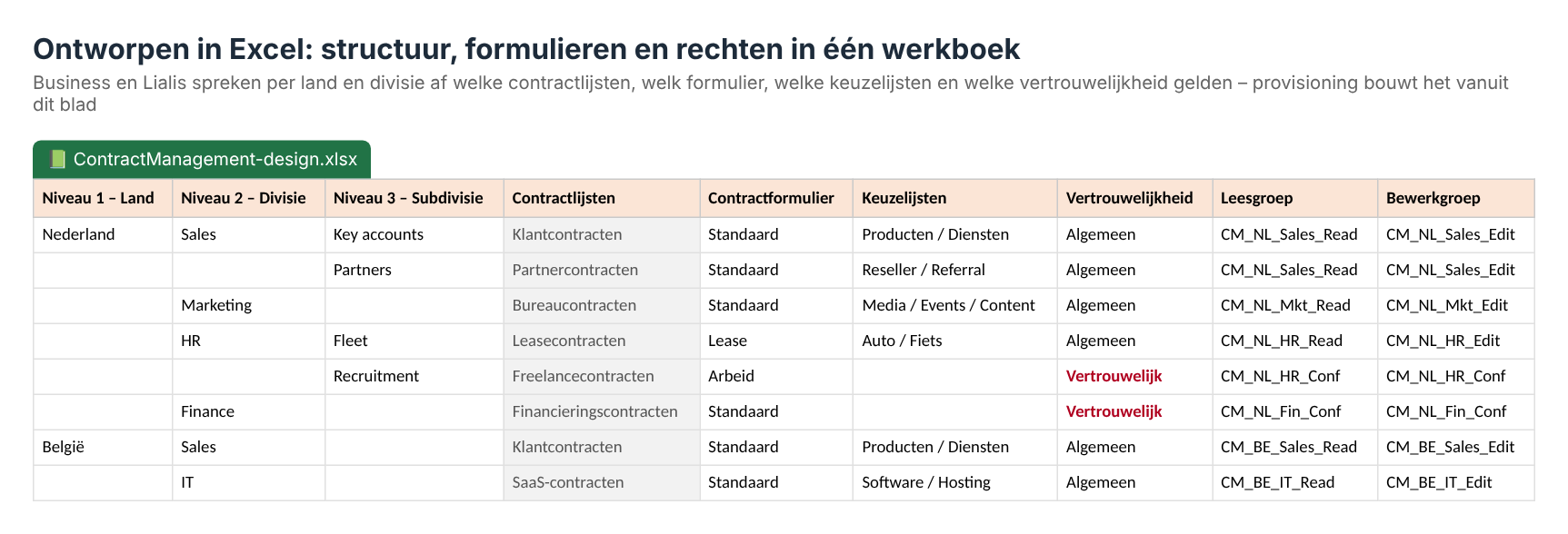 Excel-ontwerpwerkboek voor contractmanagement: land, divisie, subdivisie, contractlijsten, formulier, keuzelijsten, vertrouwelijkheid en groepen.